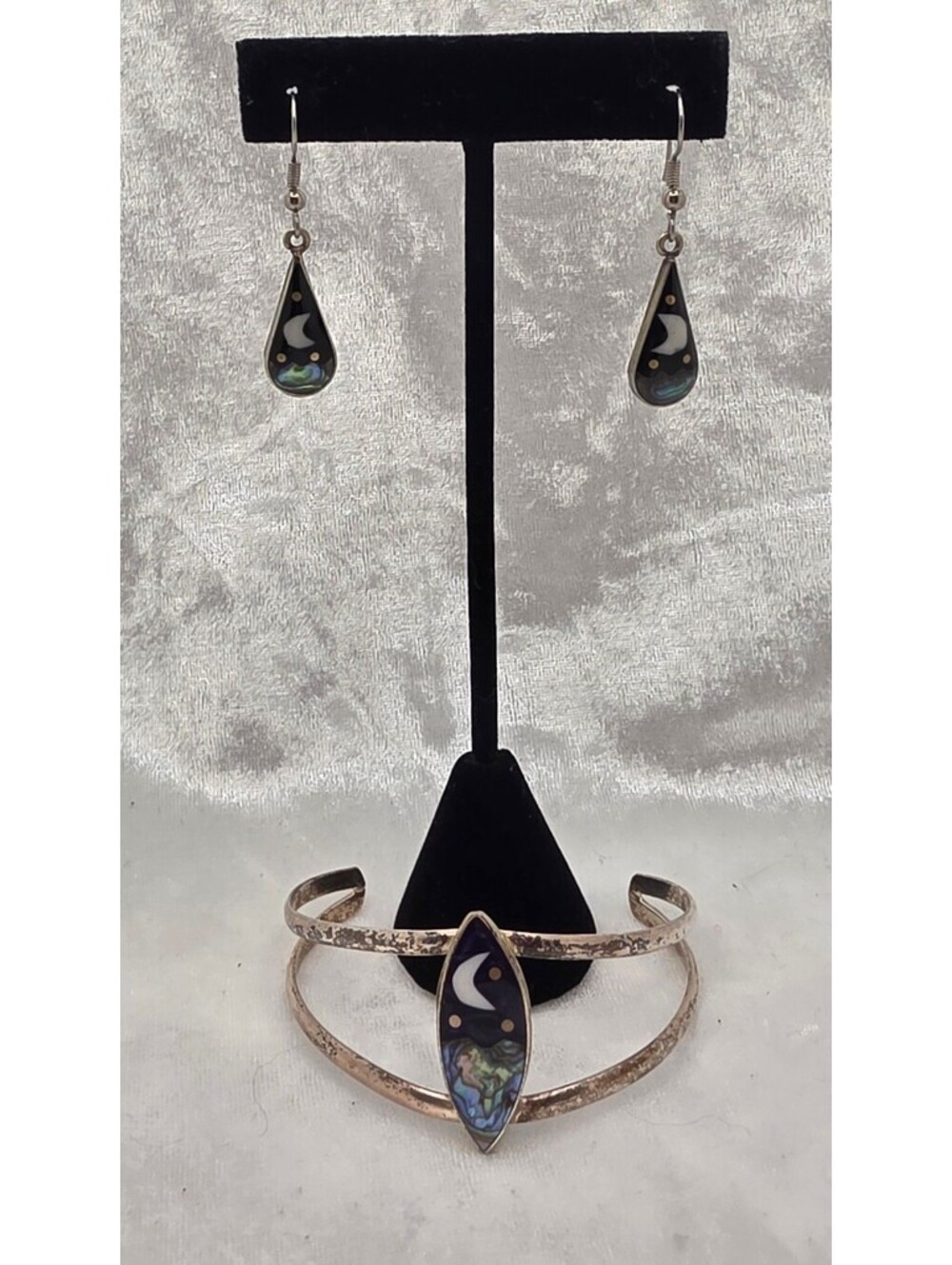 Vintage Alpaca Mexico Celestial Jewelry Set Abalone Moon Cuff Earrings